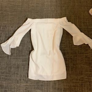 White long-sleeve off the shoulder mini dress